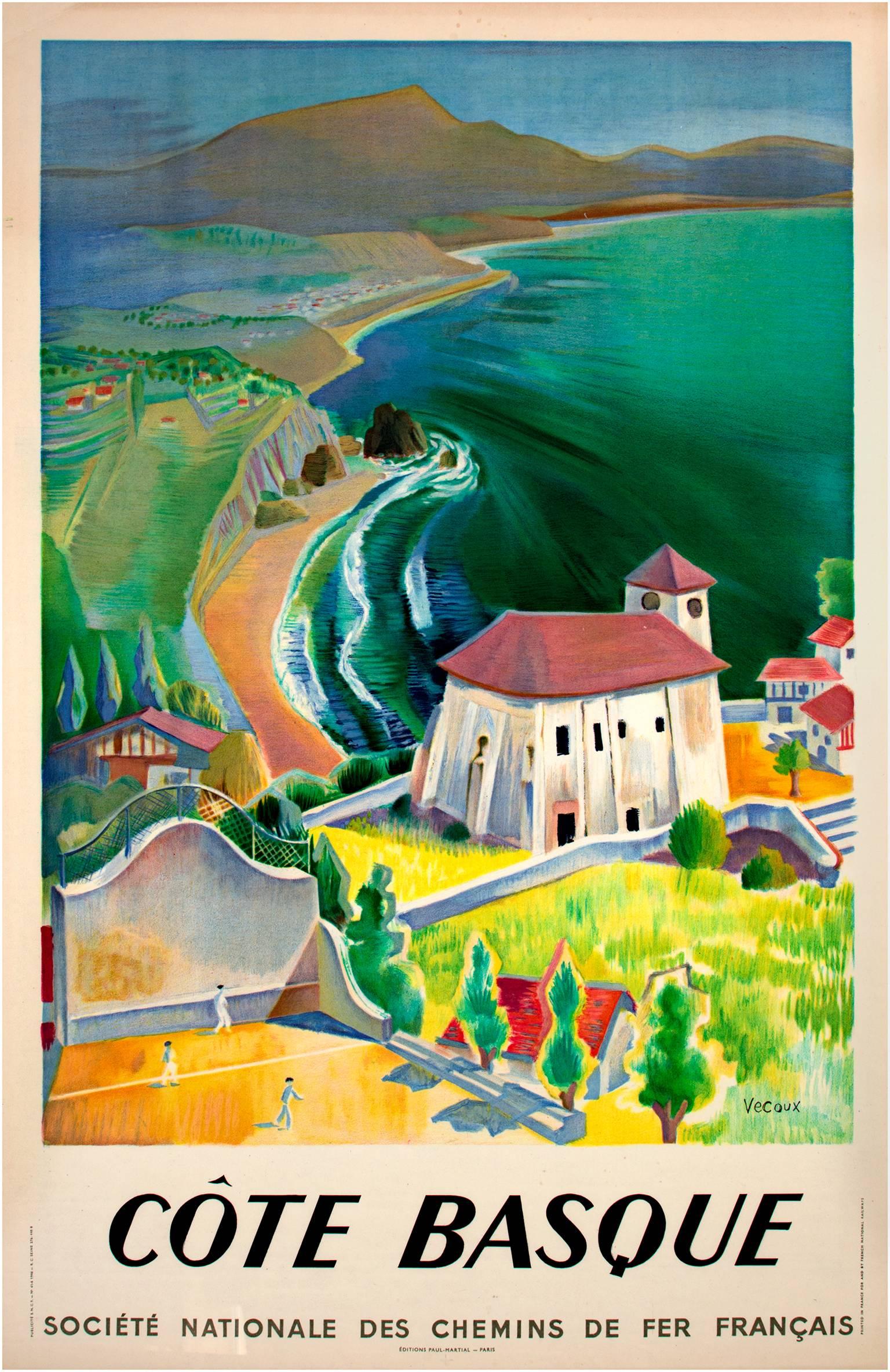 "Cote Basque" ist eine Original-Lithografie der baskischen Region Frankreichs, die Vecoux für die Societe Nationale des Chemis de fer Francais, die französische Staatsbahn, geschaffen hat.

24" x 39" Papier
31 3/8" x 22" Bild
31 3/8" x 22"