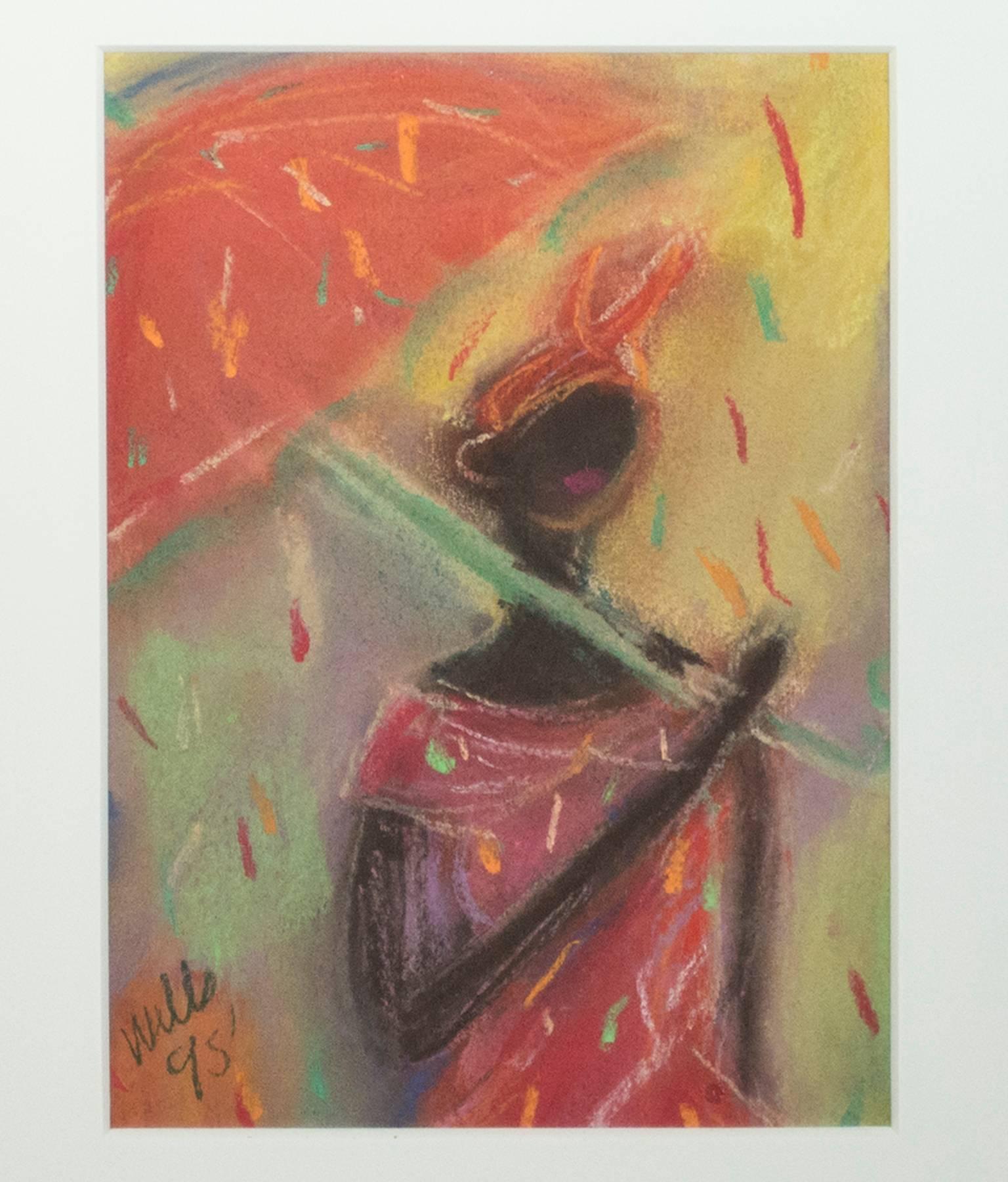 "Umbrella Woman" is an original pastel drawing by Della Wells signed in the lower left. It depicts a dark-skinned woman holding a salmon-colored umbrella as she walks through colorful rain. This picture may represent a woman in Mambo Land, a