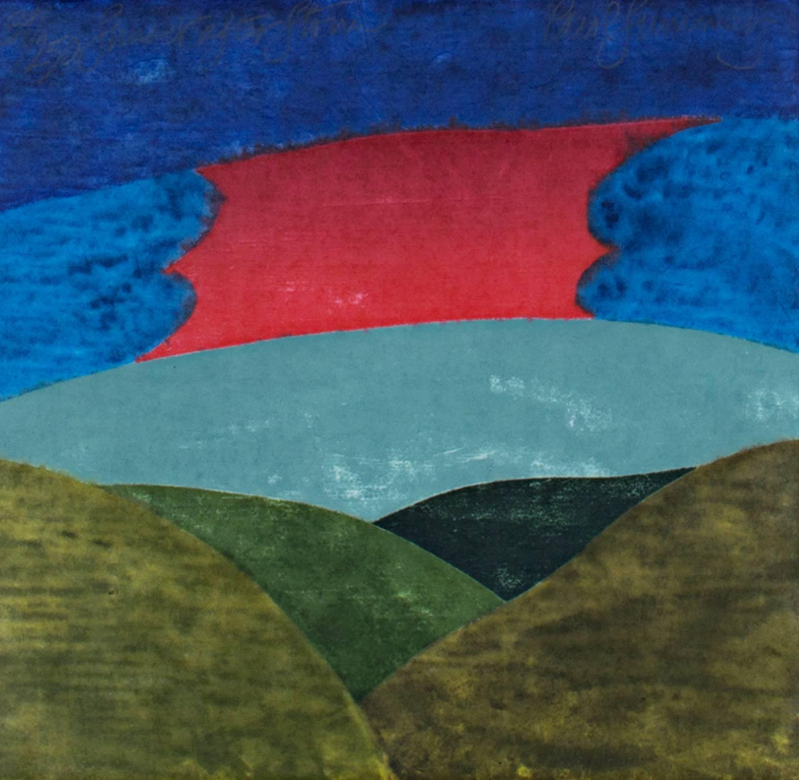 "Sonnenuntergang nach dem Sturm" ist ein von der Künstlerin Carol Summers signierter Original-Holzschnitt. Es zeigt den Himmel und die Berge in Grün, Rot und Blau. Es handelt sich um die Auflage 39/250, Gussform A 8171, mit signiertem Katalog. 

12"