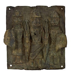 Antique "King with Two Tribesmen Nigeria- Benin Tribe, " a Bronze Relief Sculpture