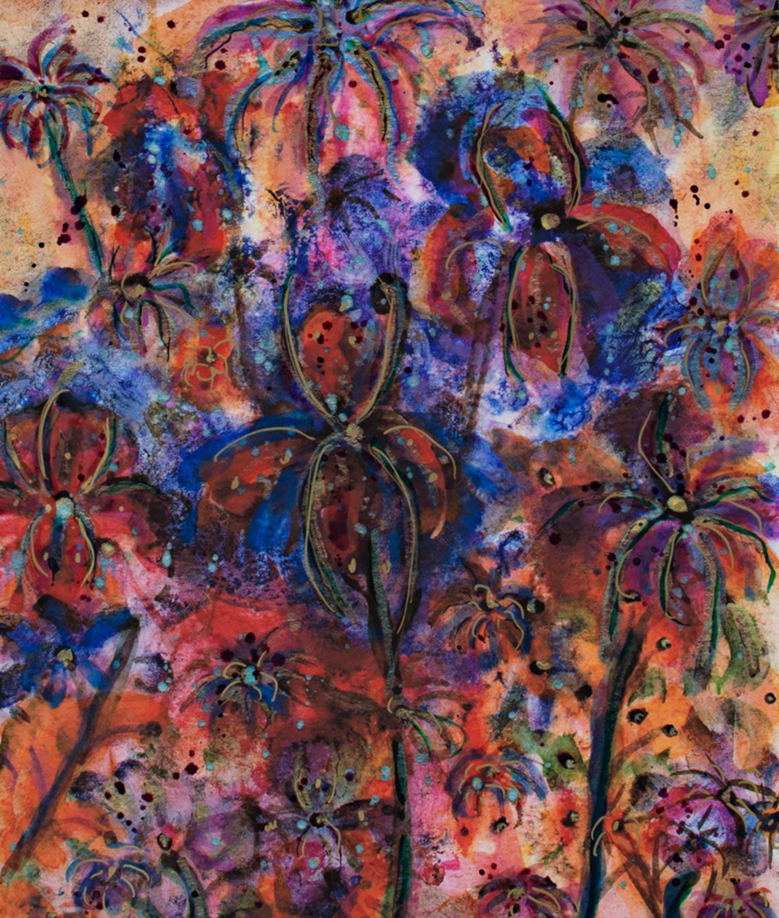 "Sunlit Tropical Orchids I" is a mixed media piece signed lower right by the artist David Barnett. It includes multiple brightly-colored orchids with expressive marks.

22 1/8" x 15 7/8" art
32 5/8" x 26 1/8" framed

David Barnett was born and