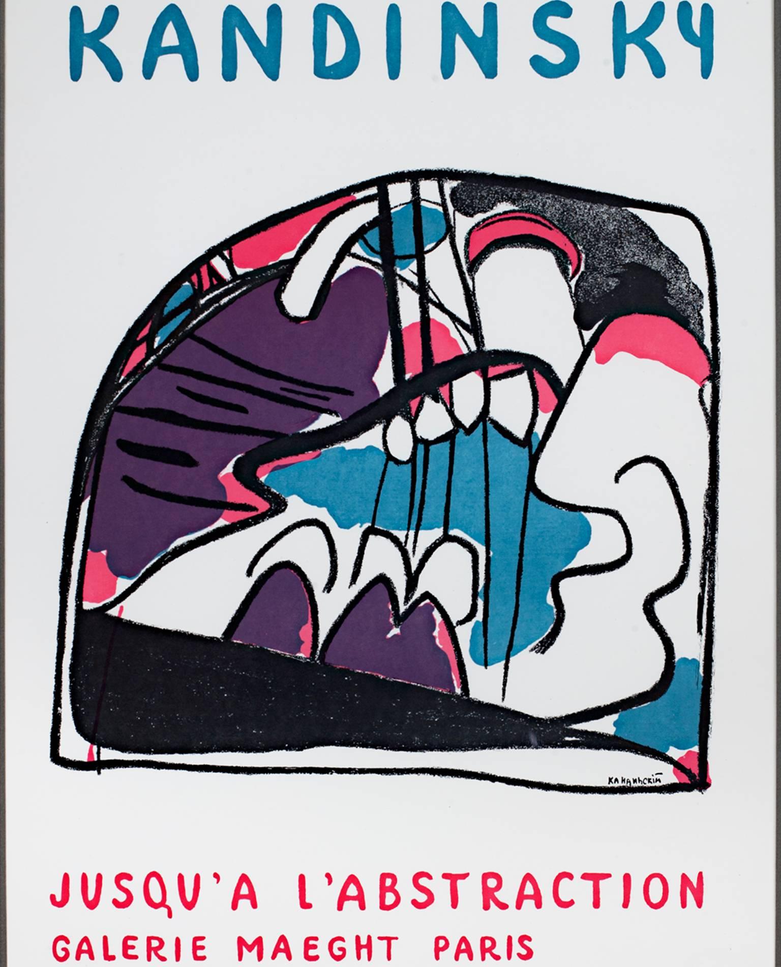 "Jusqu'a L'Abstraction" ist ein lithografiertes Plakat von Wassily Kandinsky. Dieses Plakat zeigt abstrakte Formen in Lila, Rosa, Blau und Schwarz und wurde für die Galerie Maeght in Paris geschaffen. Es wurde um 1948 von der Galerie gedruckt.

25