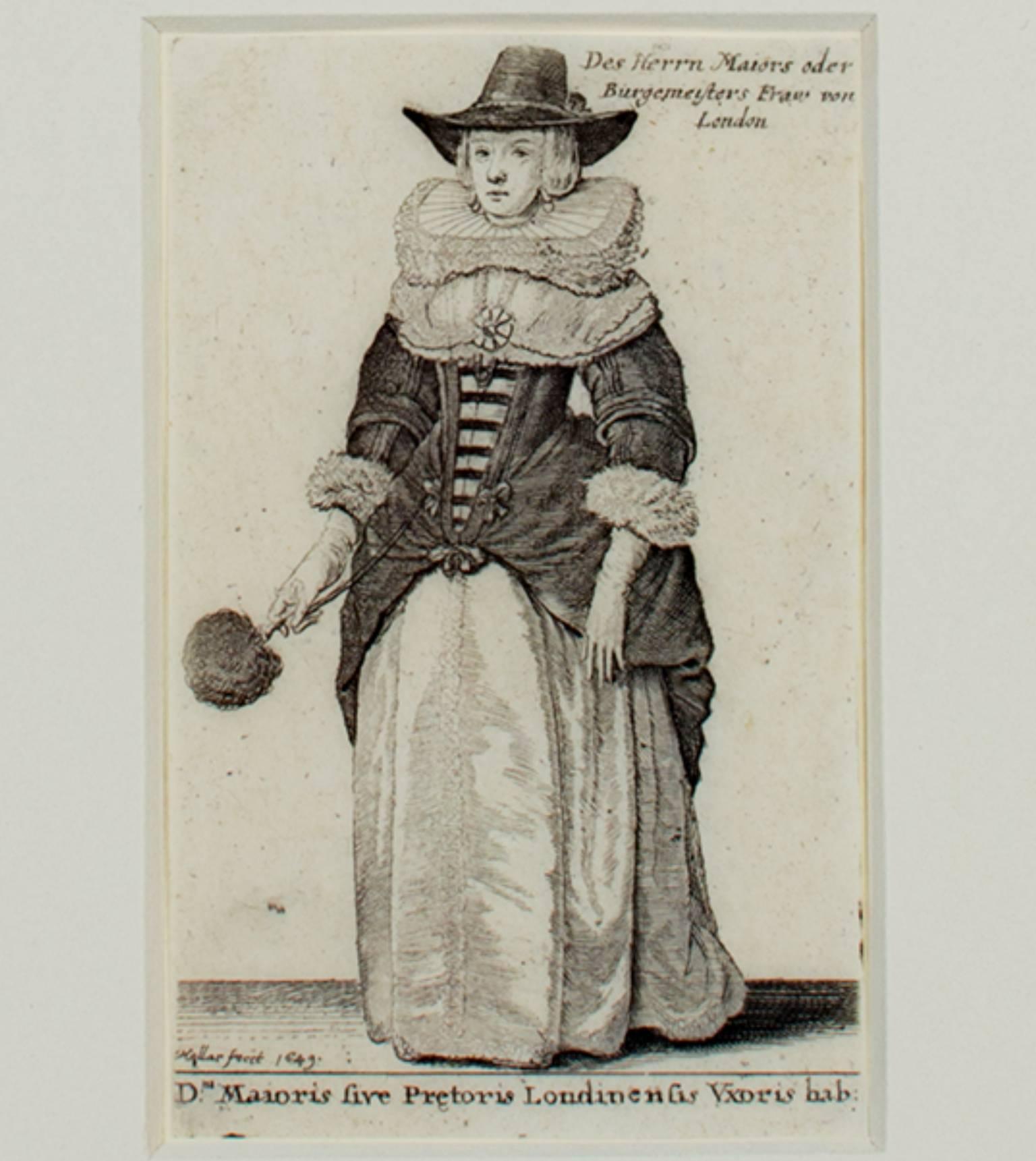 "Woman in a European National Dress" is an engraving by Wenceslaus Von Prachna Hollar. It depicts a woman in proper dress for the mid 1600s; she wears a hat and a large collar and her hair is pinned to look shorter. 

4" x 2 1/2" paper
10 5/8" x 9