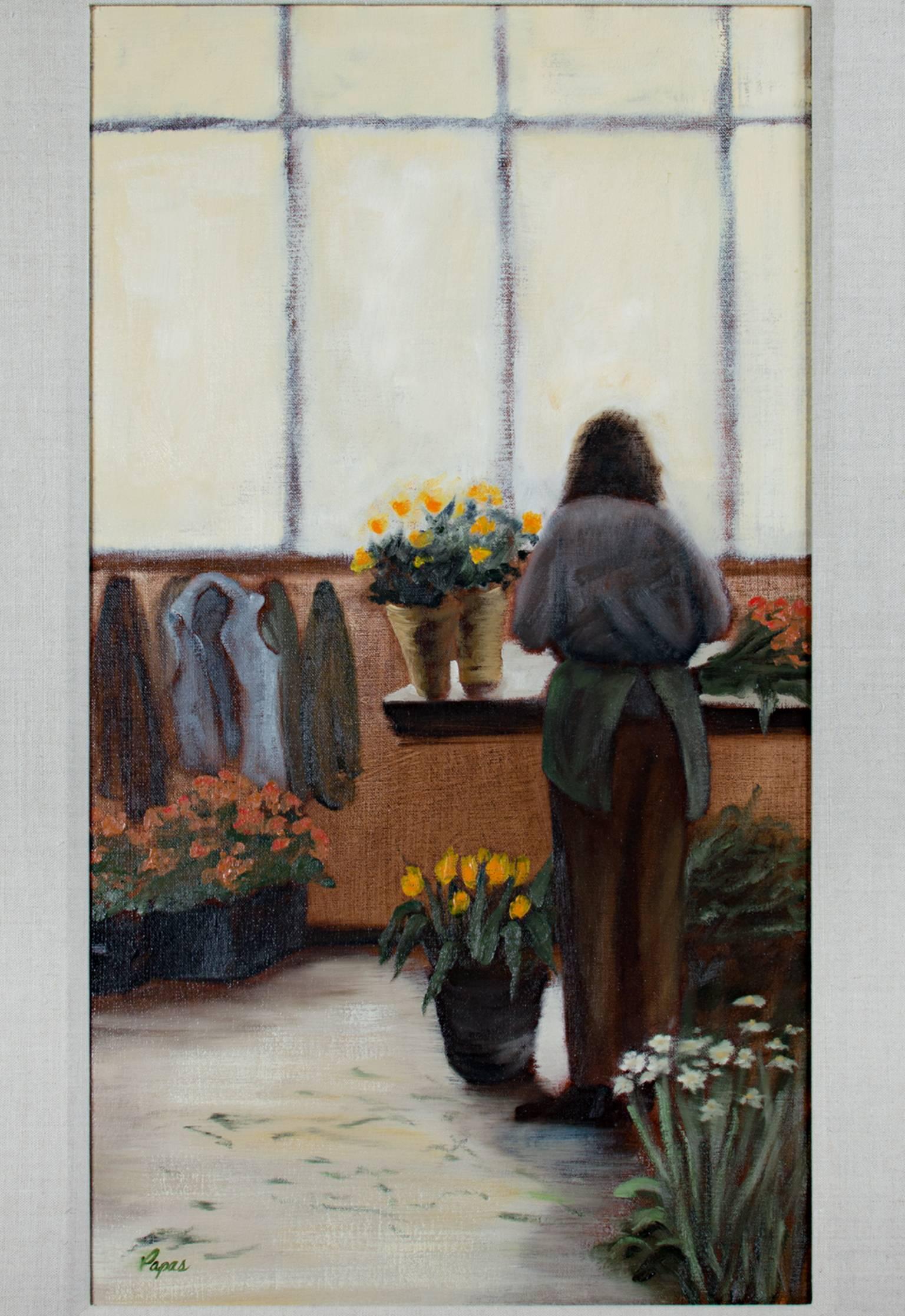 "Pleasant Light" est une peinture à l'huile originale sur toile signée en bas à gauche par l'artiste Pamela Papas. Il représente une femme dans une pièce baignée de lumière qui s'occupe de ses plantes. 

29" x 15 1/4" art
39 1/4" x 25 3/4"