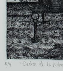 "Detras de La Vitrola" an Etching signed by Monica Flores Martinez