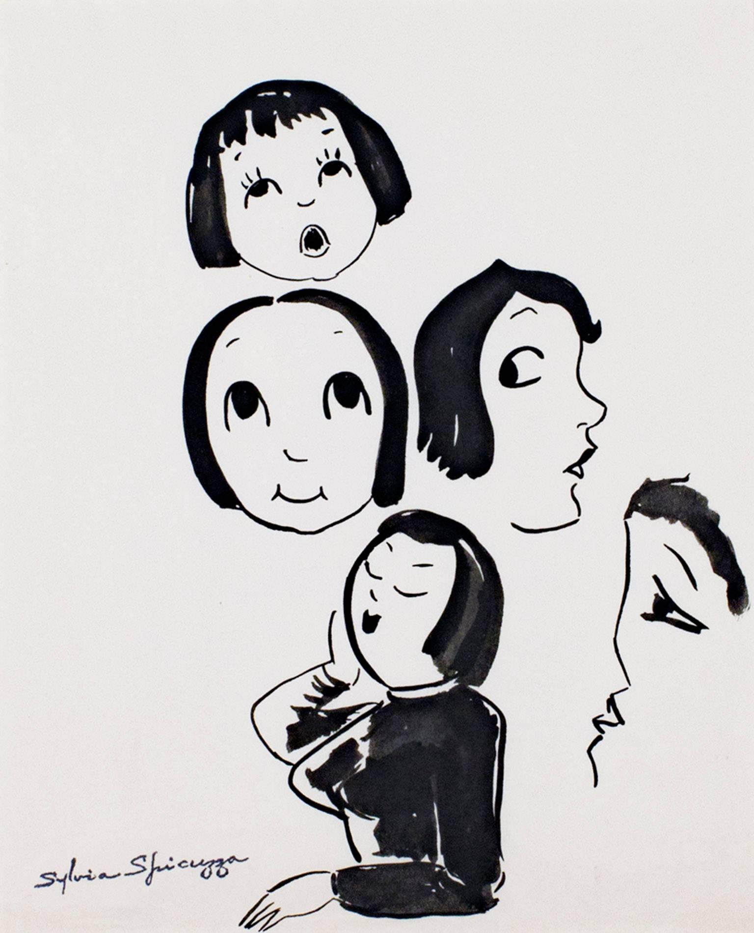 "Five Faces #736" is an original black ink drawing with a stamped signature in the lower left by Sylvia Spicuzza. It depicts five female faces from a variety of angles. 

10 1/2" x 8" art
17 5/8" x 15 1/8" frame

Born in 1908, Sylvia Spicuzza was
