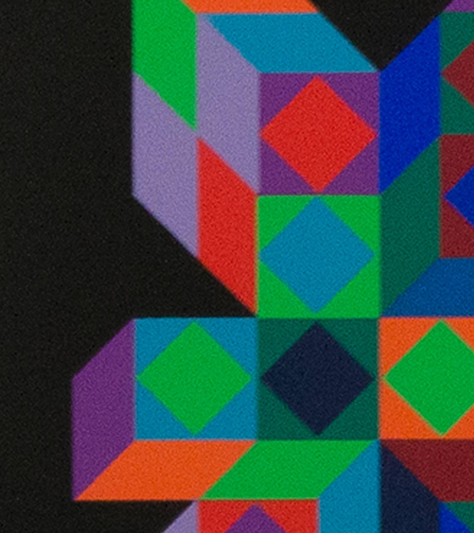 "F.V. 37/72" is an original serigraph on paper by Victor Vasarely. It is signed in the lower right. It is an abstract geometric composition in green, red, blue, orange, and purple on black. 

8 1/2" x 5 1/2" art
16 1/8" x 14