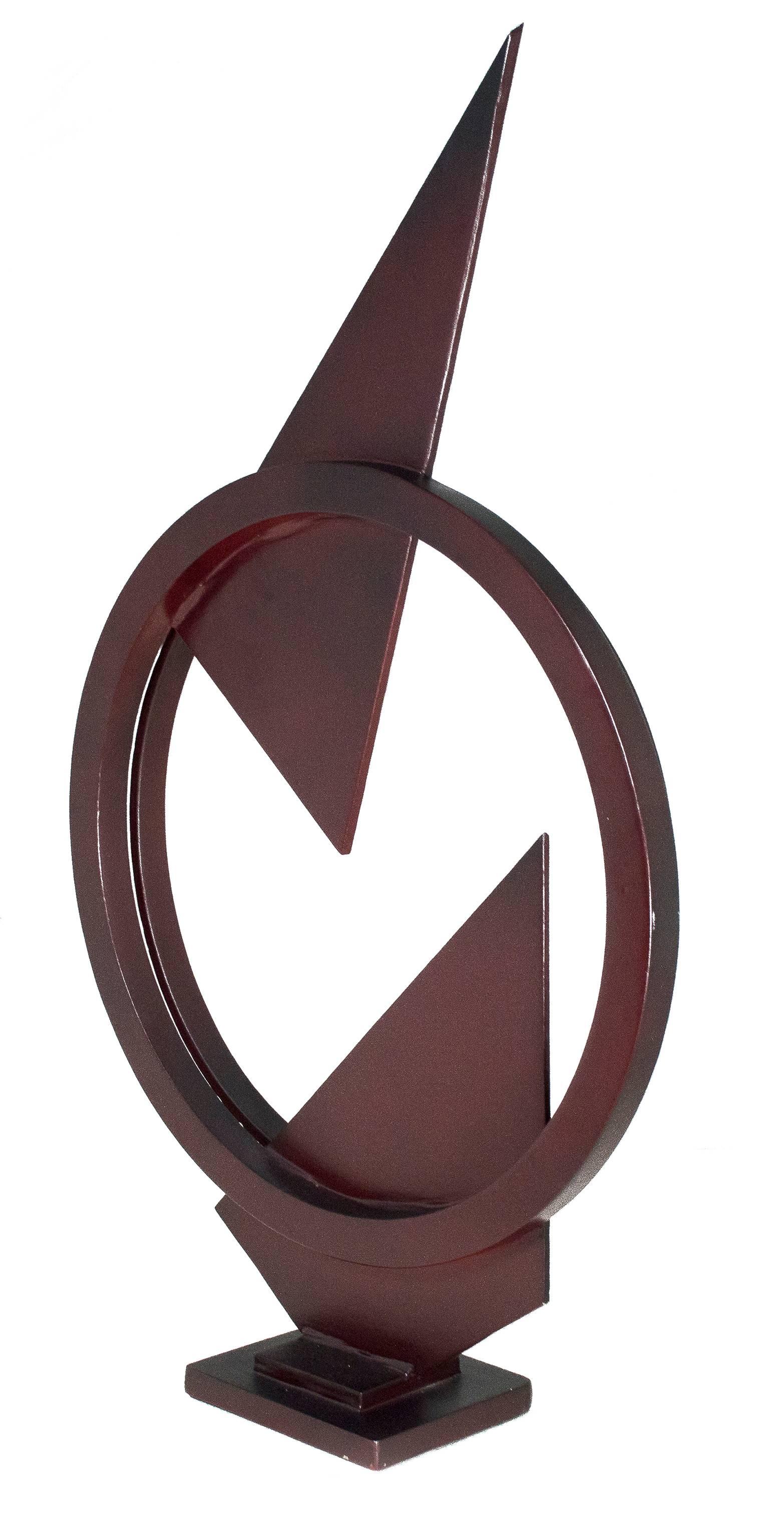 "Sails After Sunset" is an abstract painted steel sculpture signed by the artist Ralph Wickstrom. It contains two flat triangular pieces intersecting a circular ring on a metal base. 

33" x 19.5" x 5.75" art

Ralph Wickstrom is a retired college