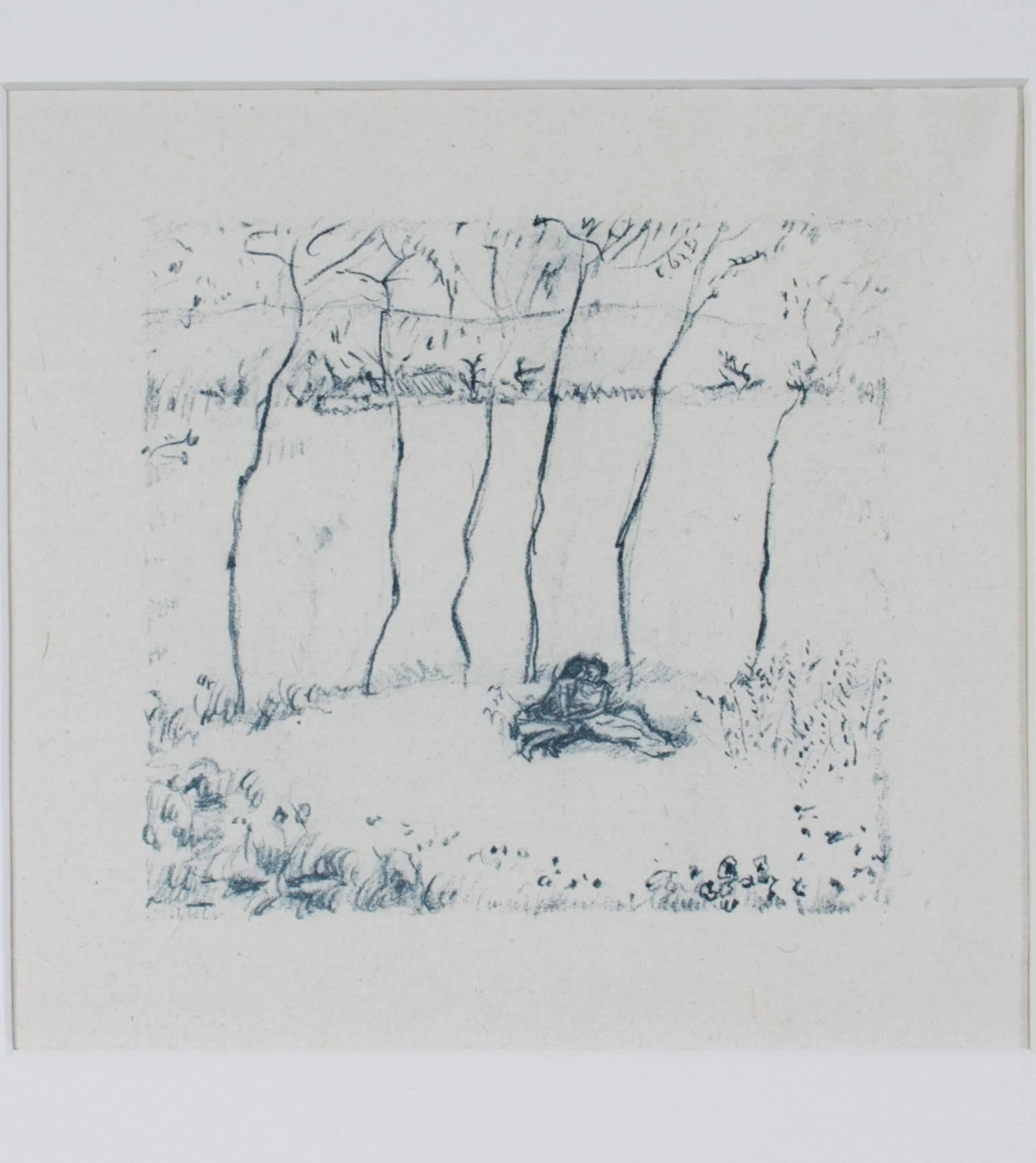 "Daphnis et Chloé - Les Amoureux" est une lithographie originale de Pierre Bonnard. Cette lithographie est une rare épreuve pour l'édition illustrée de Daphnis et Chloé. Il y a eu deux épreuves, l'une en noir et l'autre en bleu. L'épreuve noire est