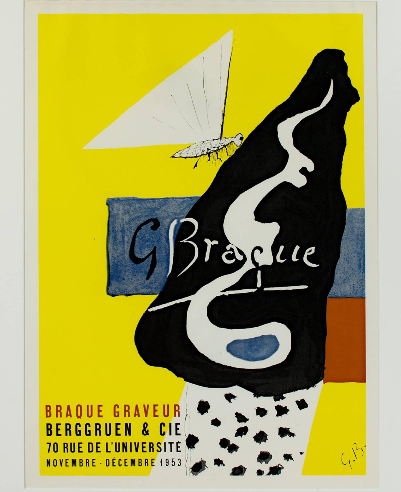 "Braque Graveur" ist ein Original-Farblithografie-Poster, das vom Künstler Georges Braque mit seinen Initialen signiert wurde. Es zeigt einen Nachtfalter oder Schmetterling, der auf einer schwarzen abstrakten Form gelandet ist. Es gibt auch blaue