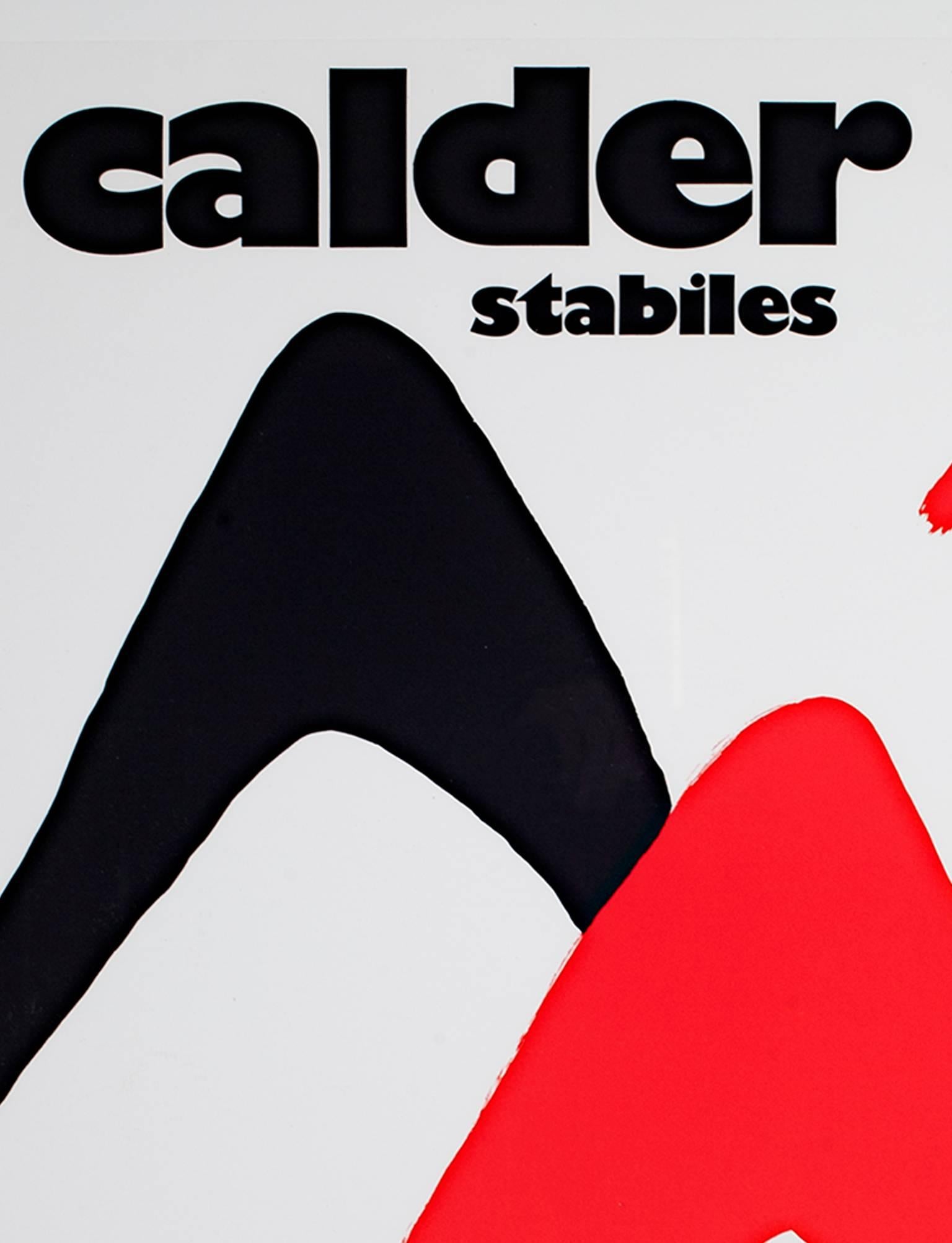 'Stabiles' is an original lithograph poster after Alexander Calder and published by Galerie Maeght in 1971. Calder had produced the stones for this lithograph a year earlier in 1970 for a print entitled 'Boomerangs,' which was signed in pencil and