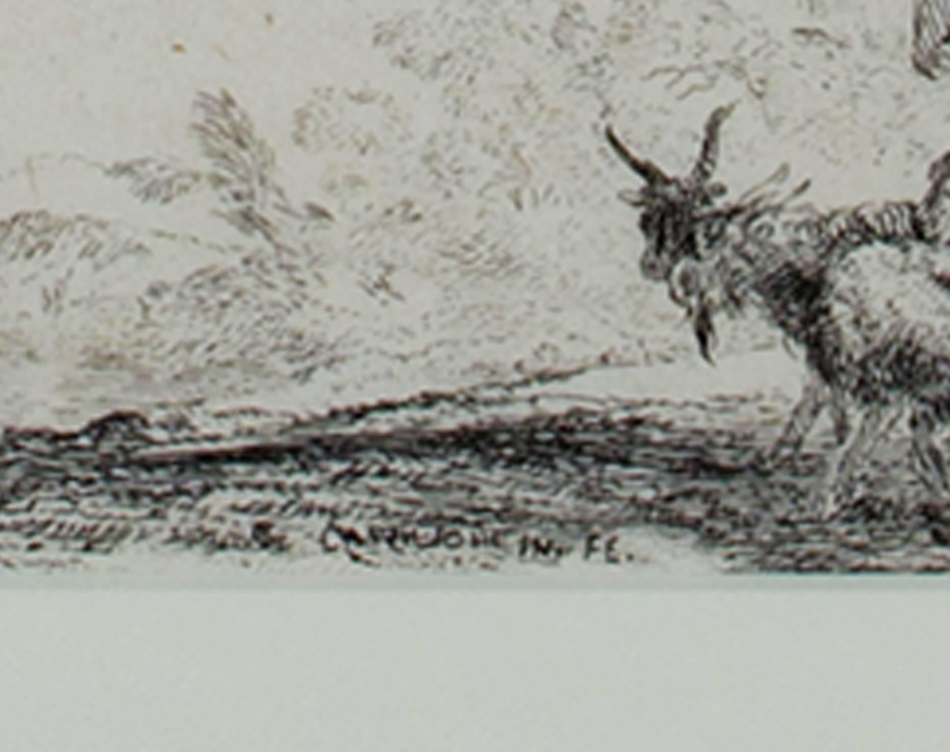 Aguafuerte blanco y negro del siglo XVII paisaje bosque árboles sátiro cabras - Print de Giovanni Benedetto Castiglione