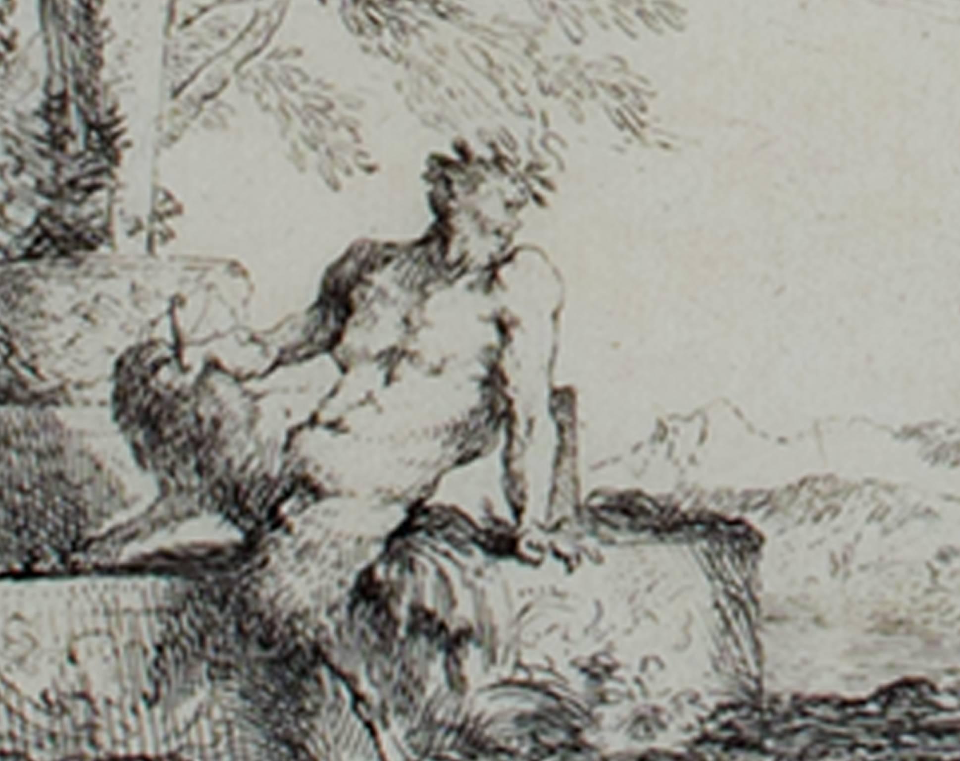 Aguafuerte blanco y negro del siglo XVII paisaje bosque árboles sátiro cabras - Print Antiguos maestros de Giovanni Benedetto Castiglione