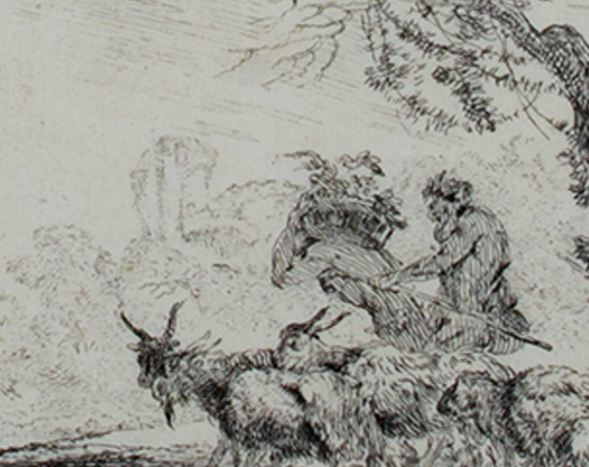 Aguafuerte blanco y negro del siglo XVII paisaje bosque árboles sátiro cabras - Landscape Print Gris de Giovanni Benedetto Castiglione