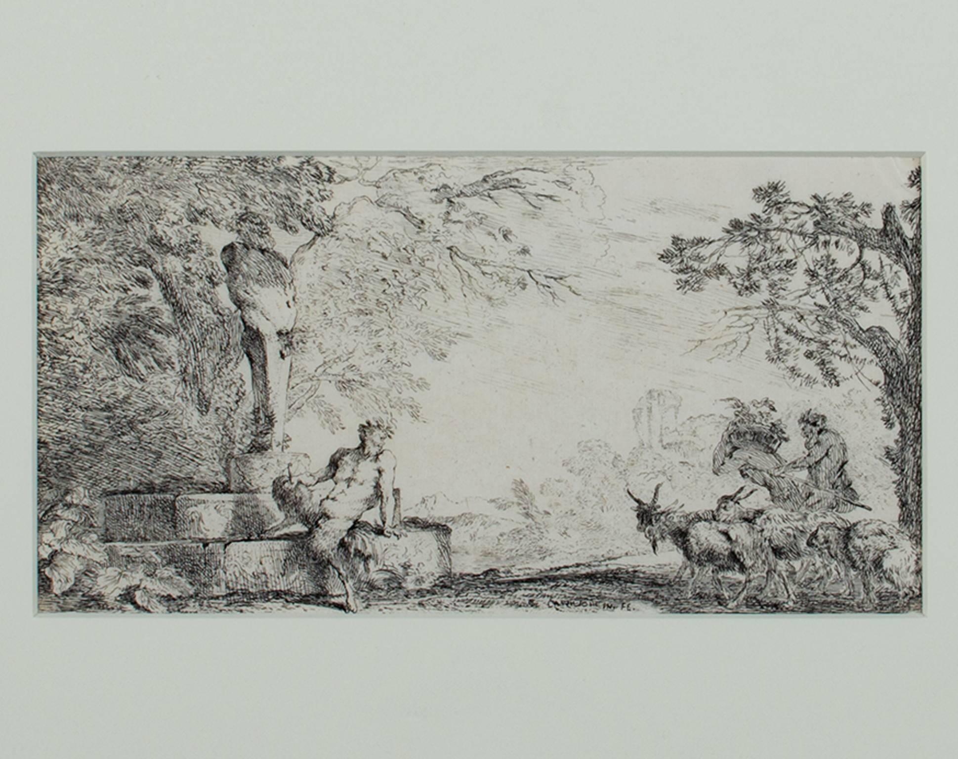 Landscape Print de Giovanni Benedetto Castiglione - Aguafuerte blanco y negro del siglo XVII paisaje bosque árboles sátiro cabras