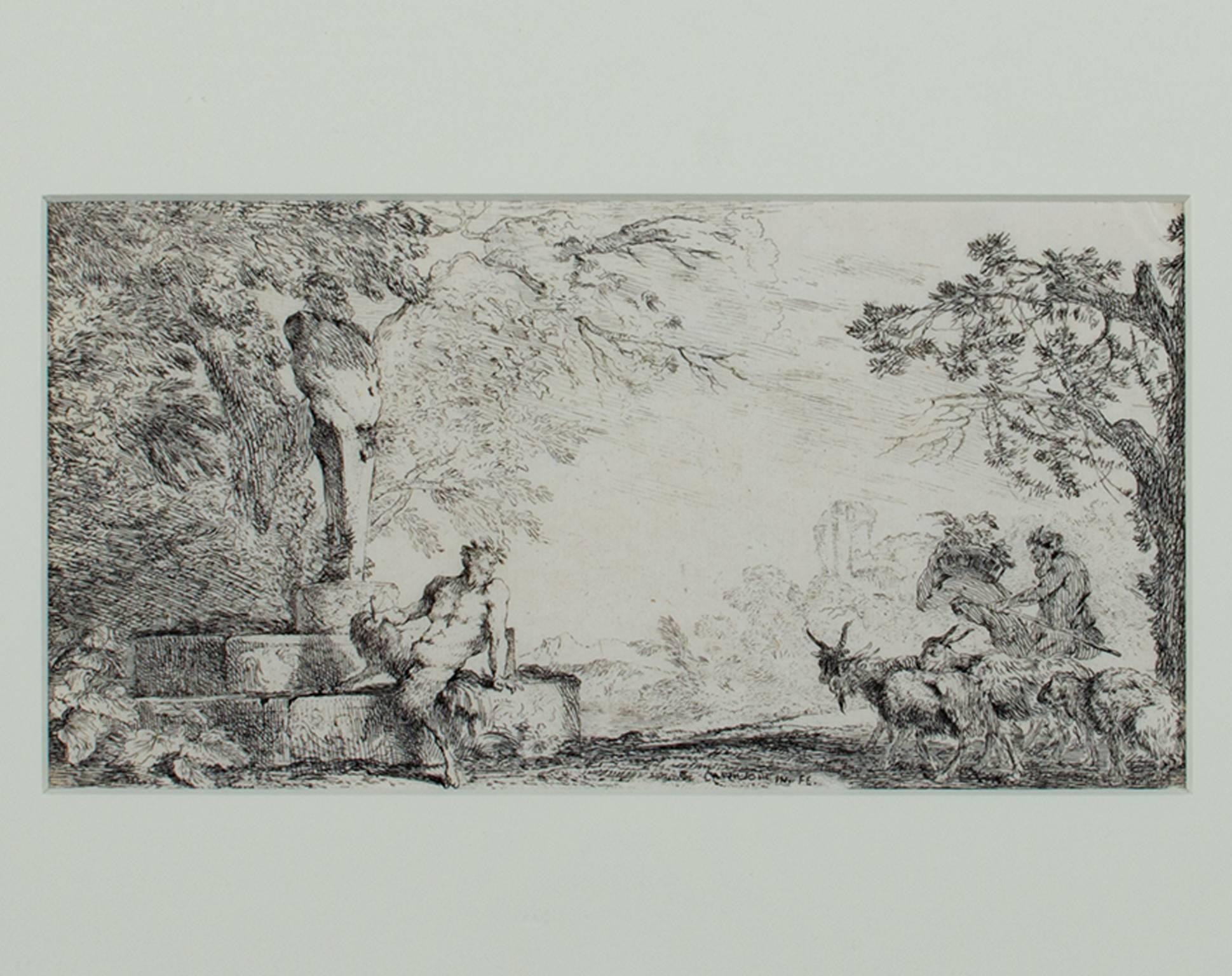 ""Mythological Scene-Satyr & Ziegenherder"" – Original-Radierung, signiert von Castiglione