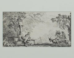 Aguafuerte blanco y negro del siglo XVII paisaje bosque árboles sátiro cabras