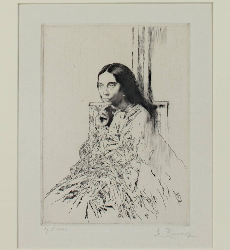 "La Mere de Whistler" is an original etching and drypoint signed by the French artist Auguste Brouet in the lower right. It depicts famous artist James Abbott McNeill Whistler's mother. 

9 3/4" x 7" art
21 3/4" x 19" frame

Auguste Brouet