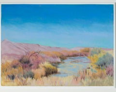 Paisaje contemporáneo en colores pastel escena de montaña hierba río firmada
