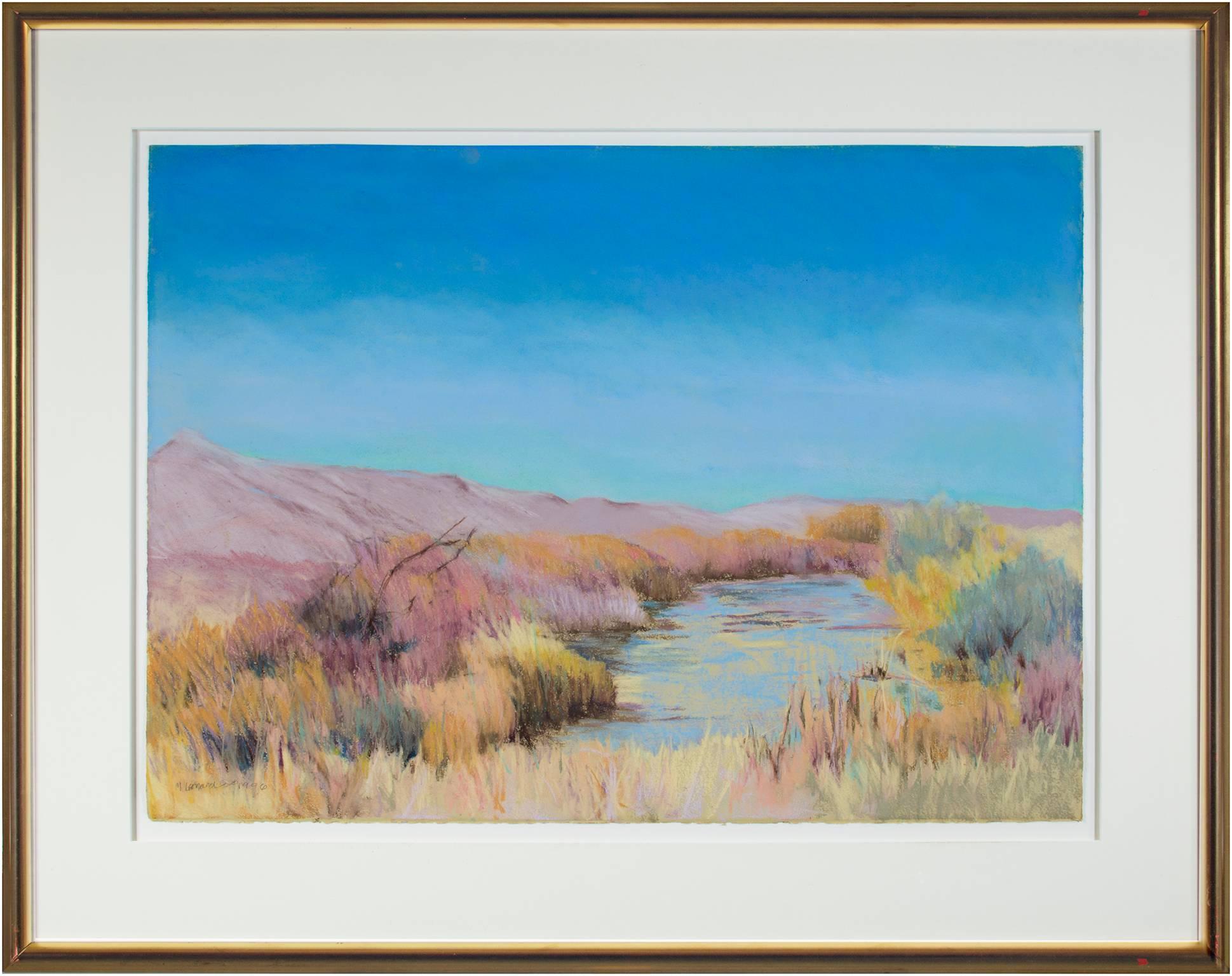 Paisaje contemporáneo en colores pastel escena de montaña hierba río firmada en venta 1
