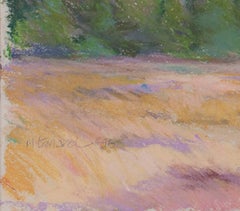 Contemporary Pastell bunte Landschaft Bäume Gras Feld Himmel Szene unterzeichnet