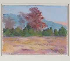 Paisaje contemporáneo en colores pastel árboles hierba campo cielo escena firmada