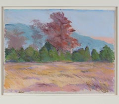 Paysage contemporain pastel coloré arbres herbe champ ciel scène signée