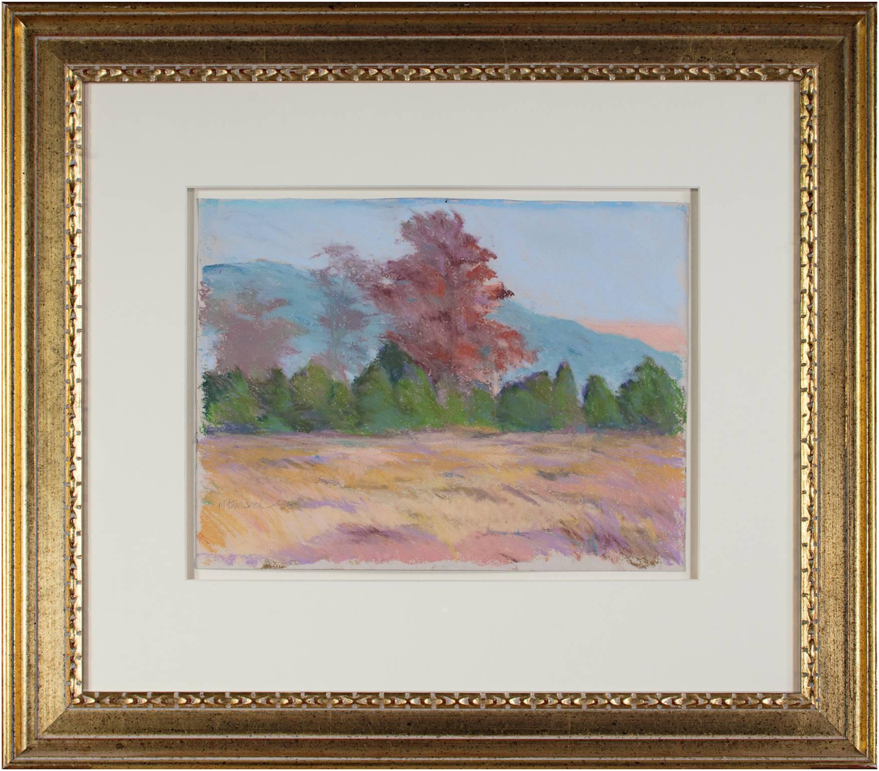 Paysage contemporain pastel coloré arbres herbe champ ciel scène signée en vente 1