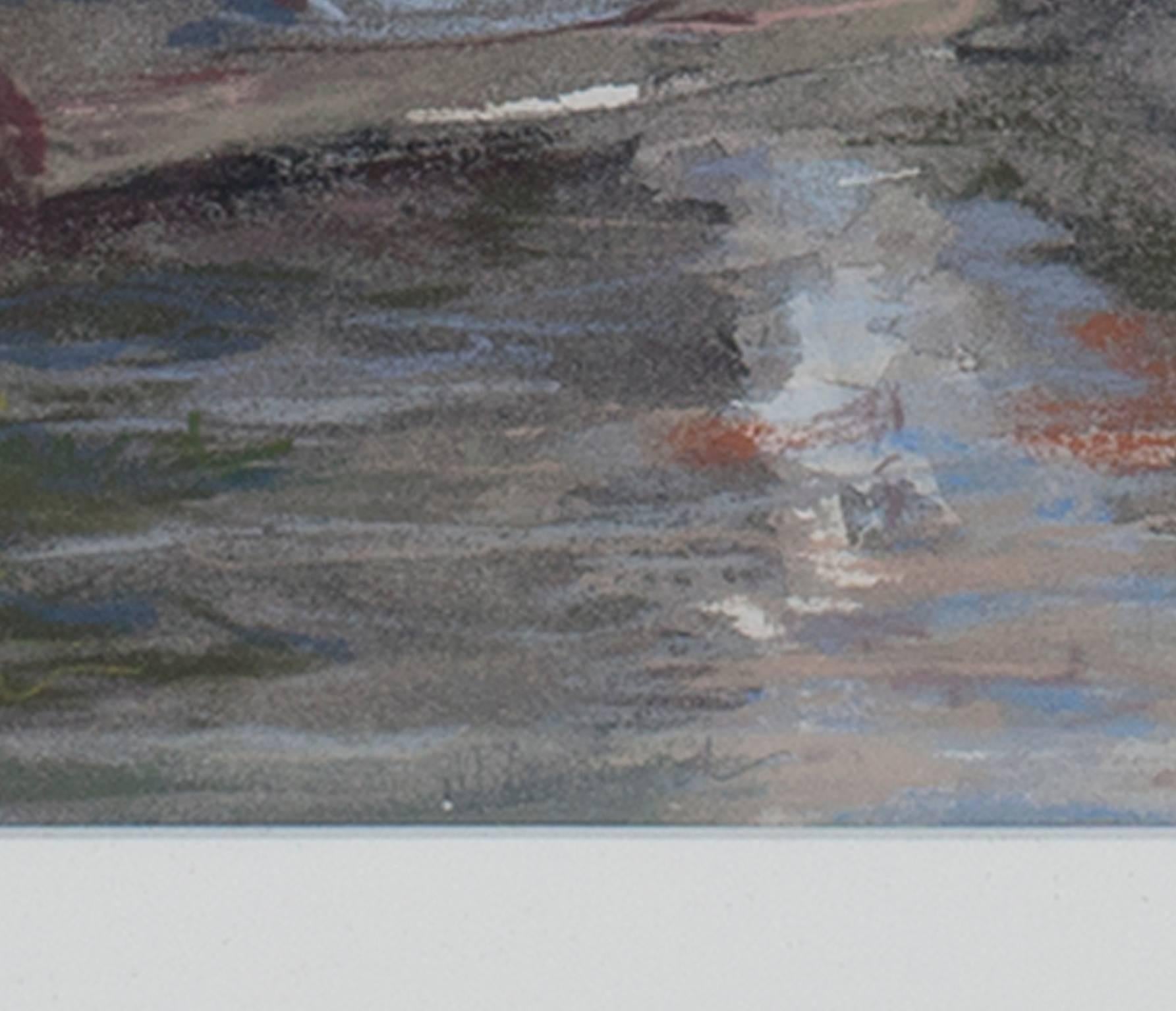 Paesaggio contemporaneo in gesso pastello città alberi barca acqua riflessione firmato - Art di Peggy Leonard