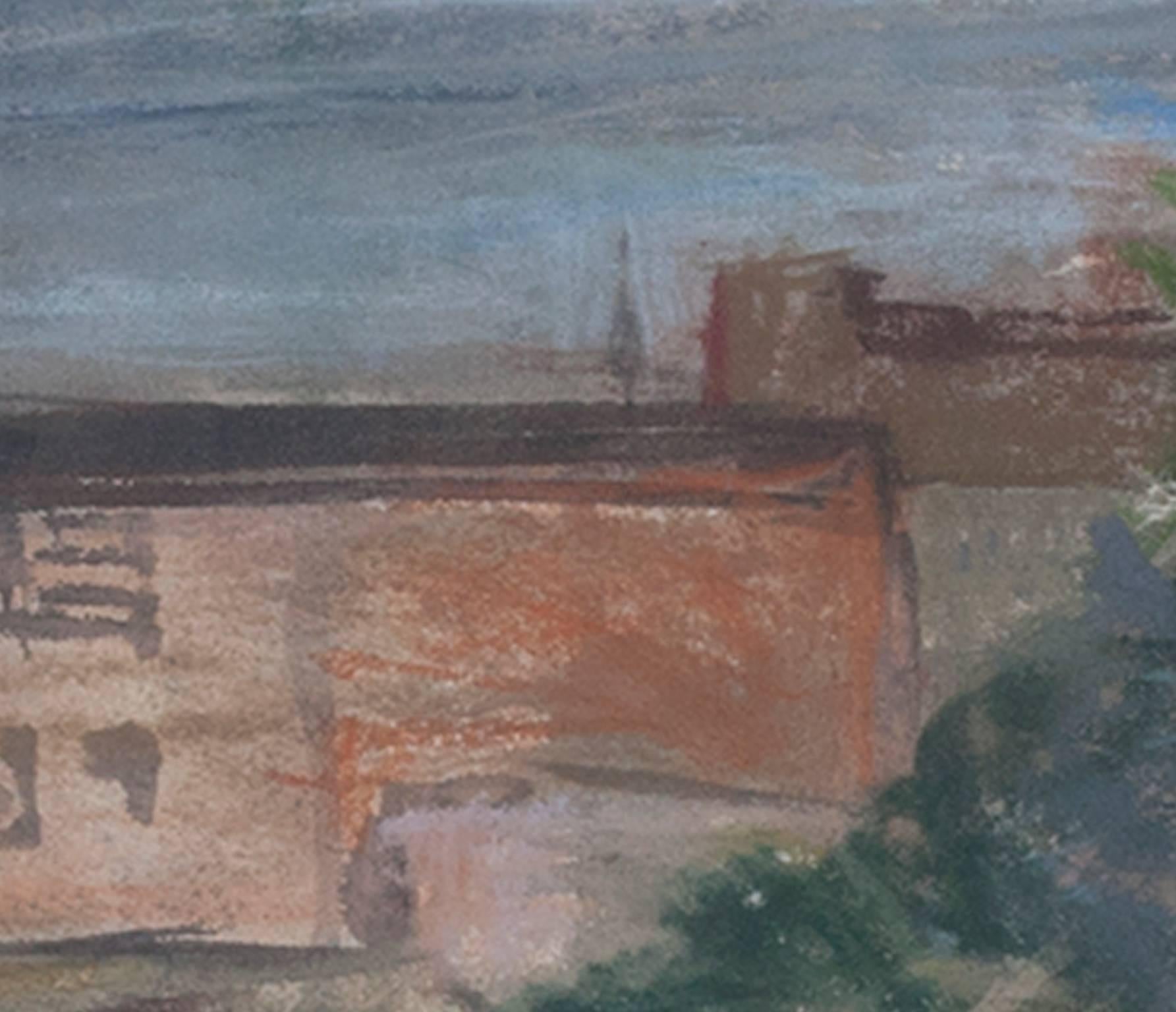 Paesaggio contemporaneo in gesso pastello città alberi barca acqua riflessione firmato - Landscape Art Grigio di Peggy Leonard