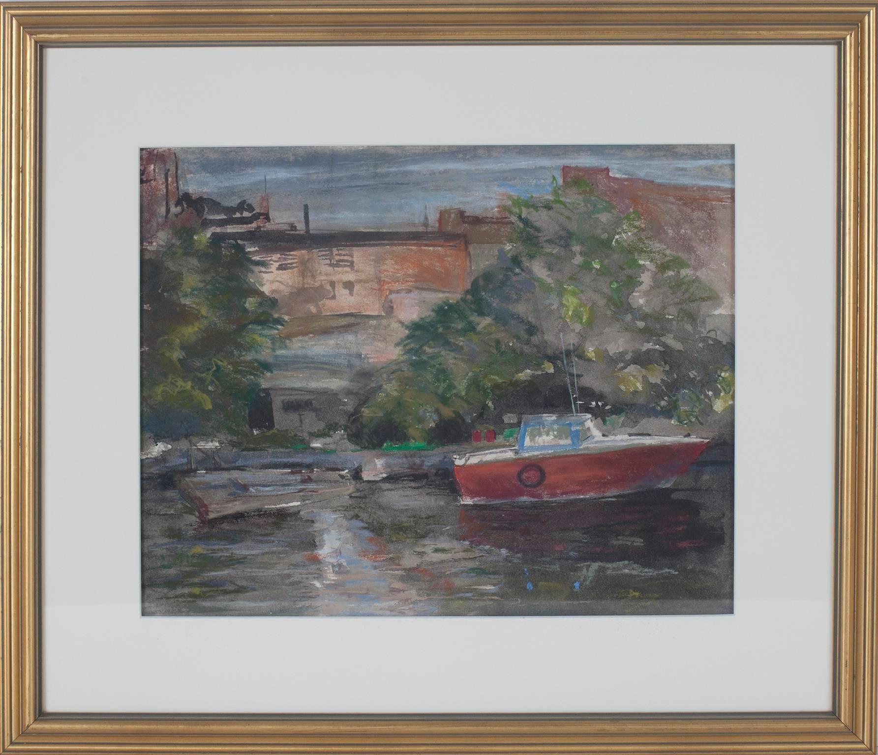 Paesaggio contemporaneo in gesso pastello città alberi barca acqua riflessione firmato in vendita 1