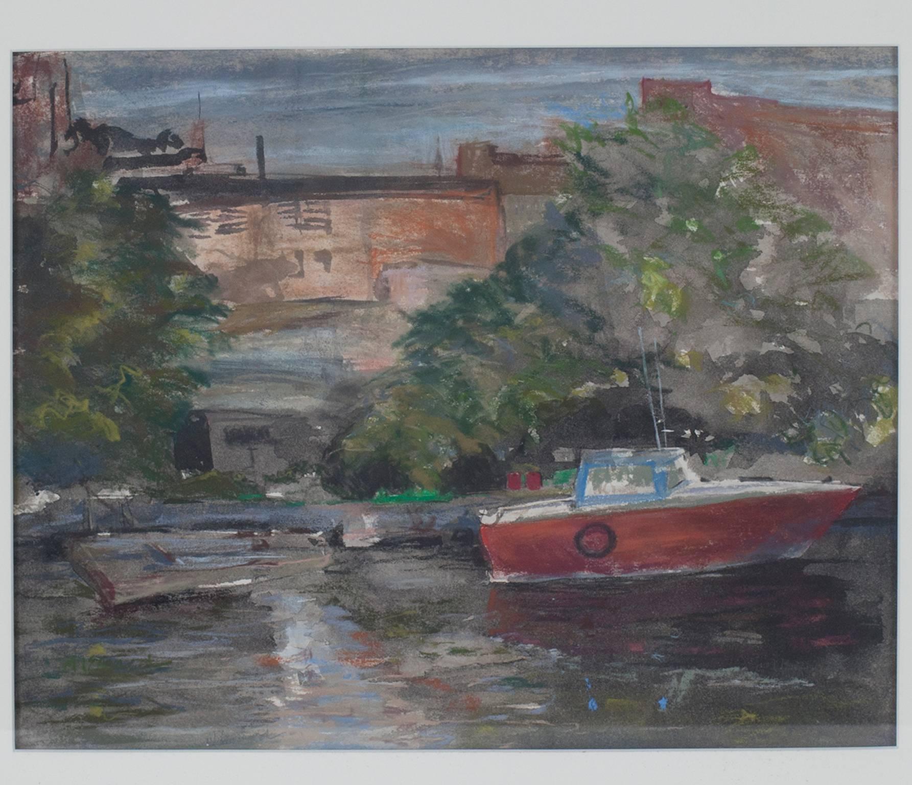 Peggy Leonard Landscape Art - Contemporary pastel gesso landscape city trees boat water reflection signed