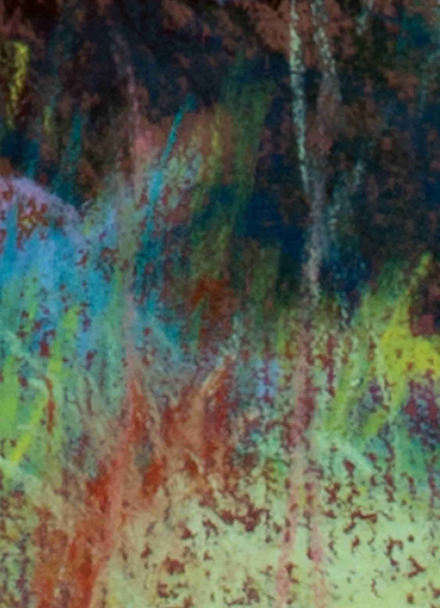 Paesaggio colorato a pastello contemporaneo, alberi, erba e foresta, firmato - Landscape Art Nero di Peggy Leonard