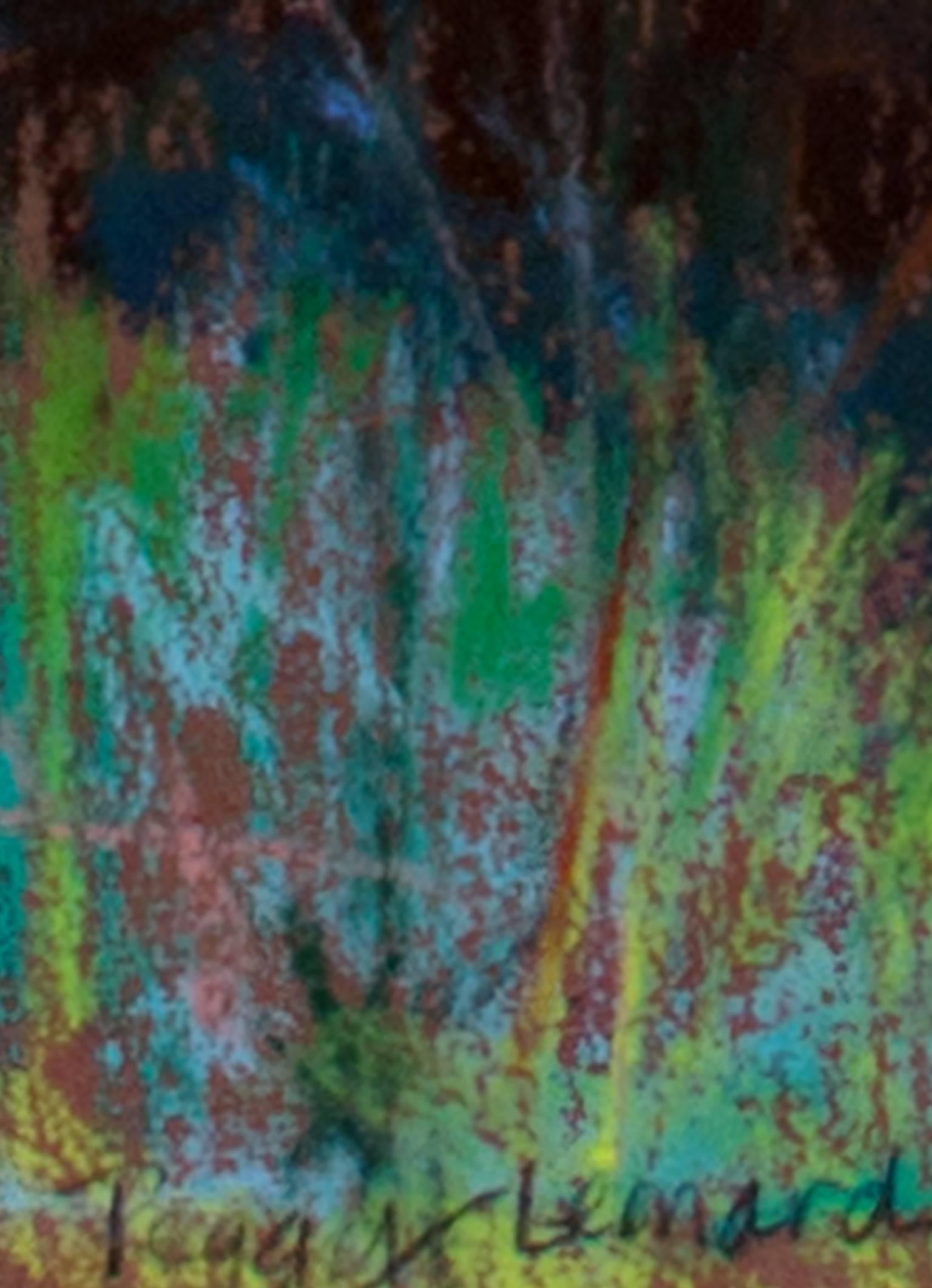 Paesaggio colorato a pastello contemporaneo, alberi, erba e foresta, firmato - Art di Peggy Leonard