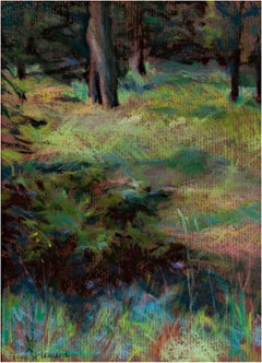 Scène contemporaine de paysage pastel coloré d'arbres, d'herbe et de forêt signée