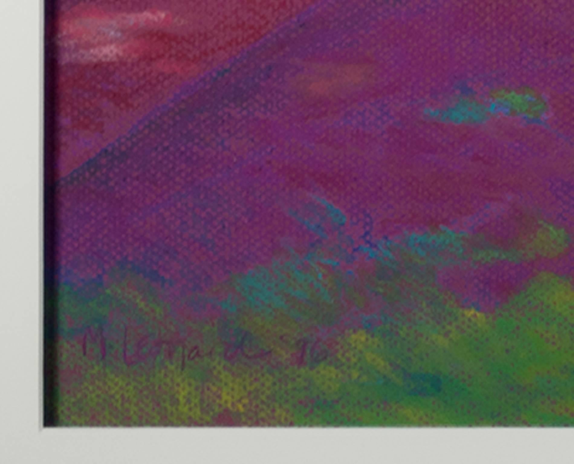 Scène contemporaine de paysage pastel coloré, arbres, herbe, champ, signée - Art de Peggy Leonard