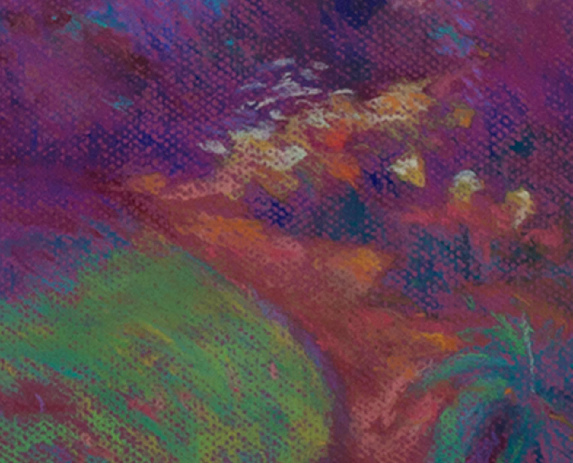 Scène contemporaine de paysage pastel coloré, arbres, herbe, champ, signée - Contemporain Art par Peggy Leonard