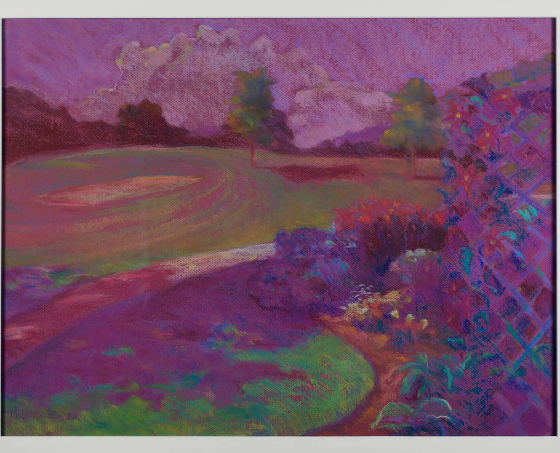 "Trellis of Clemantis Chenequa Country Club" is an original pastel drawing on canson paper signed by the artist Peggy Leonard in the lower left. It depicts a garden and expansive landscape in purple tones. 

19 1/2" x 25 1/2" art
25" x 31"