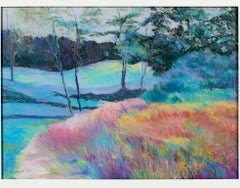 Scène contemporaine de paysage pastel coloré d'arbres, d'herbe et de forêt signée