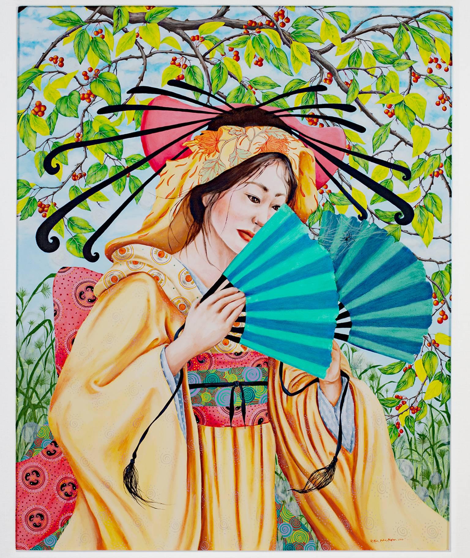 "Web of Dreams" is an original oil painting on canvas signed and dated in the lower right by artist Karin Krohne Kaufman. This painting depicts a woman in traditional Asian garb holding two blue fans. A spider spins a web between the two fans she