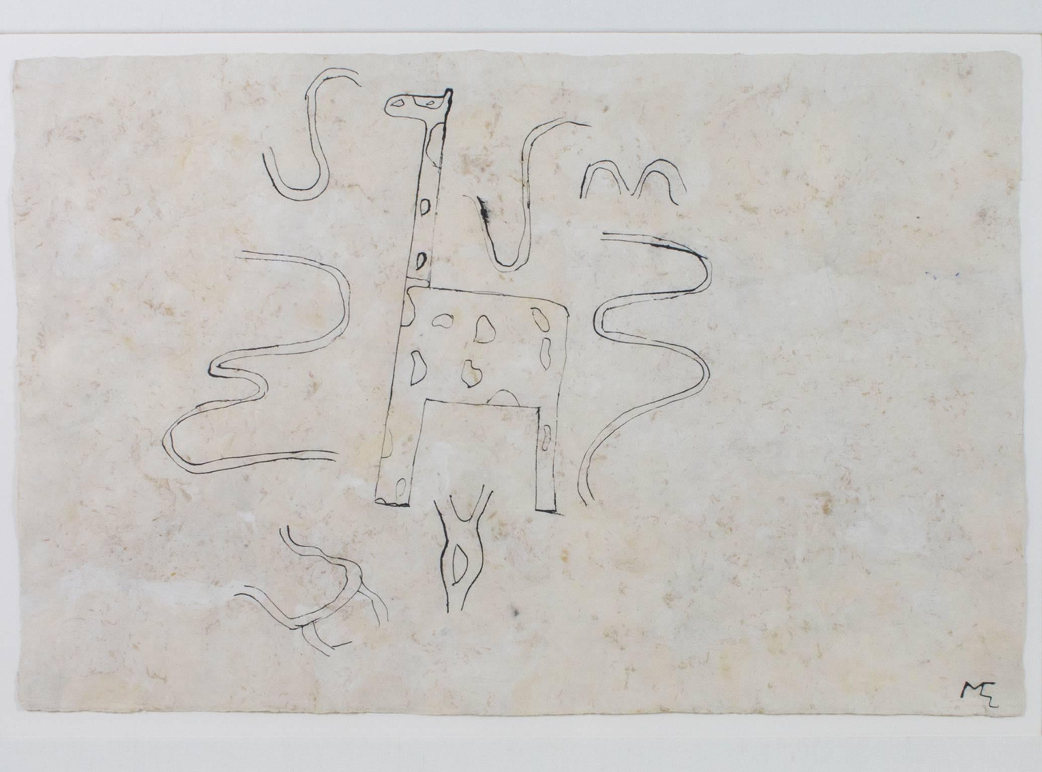 "Giraffe" ist eine Original-Tuschezeichnung auf handgeschöpftem Amate-Papier, die vom Künstler Miguel-Castro Lenero rechts unten signiert wurde. Die Zeichnung stellt eine Giraffe dar, die von schlangenähnlichen Formen umgeben ist. 

15 5/8" x 23