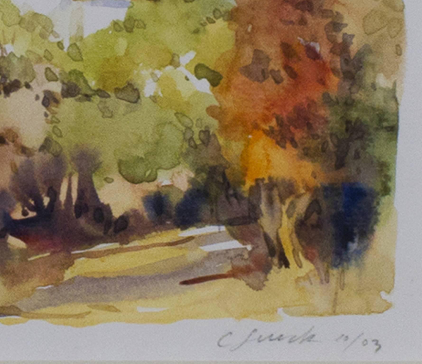 Paesaggio acquerello contemporaneo casa suburbana tetto alberi cielo firmato - Art di Craig Lueck