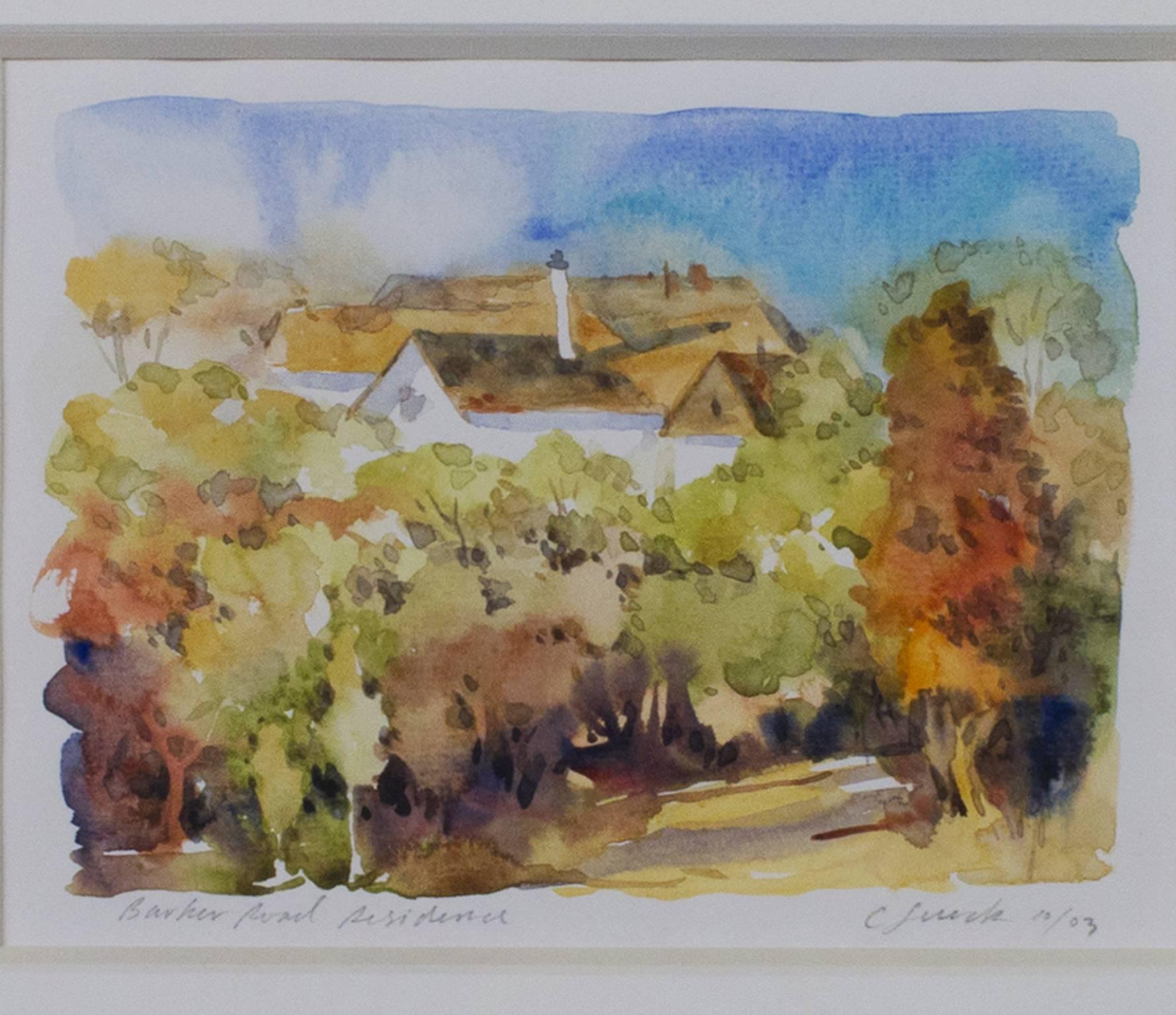 Landscape Art di Craig Lueck - Paesaggio acquerello contemporaneo casa suburbana tetto alberi cielo firmato