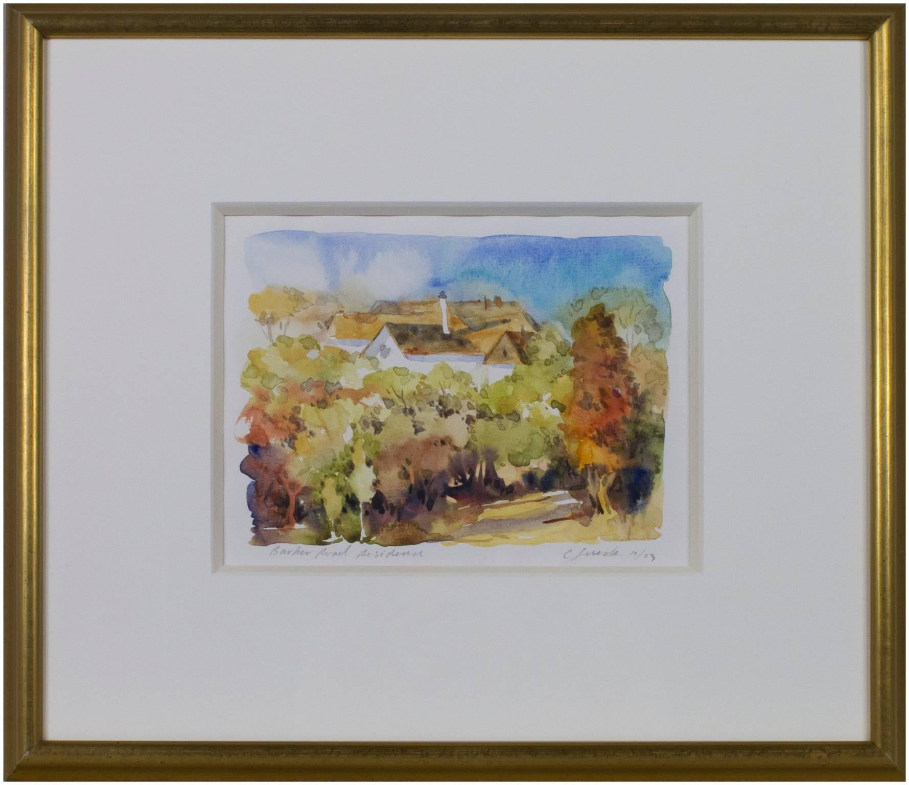 Paesaggio acquerello contemporaneo casa suburbana tetto alberi cielo firmato in vendita 1