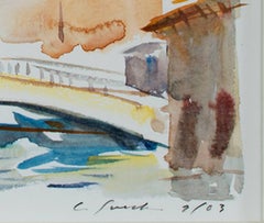 Contemporary watercolor landscape city bridge canal boats buildings sky signed