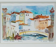 Contemporary watercolor landscape city bridge canal boats buildings sky signed