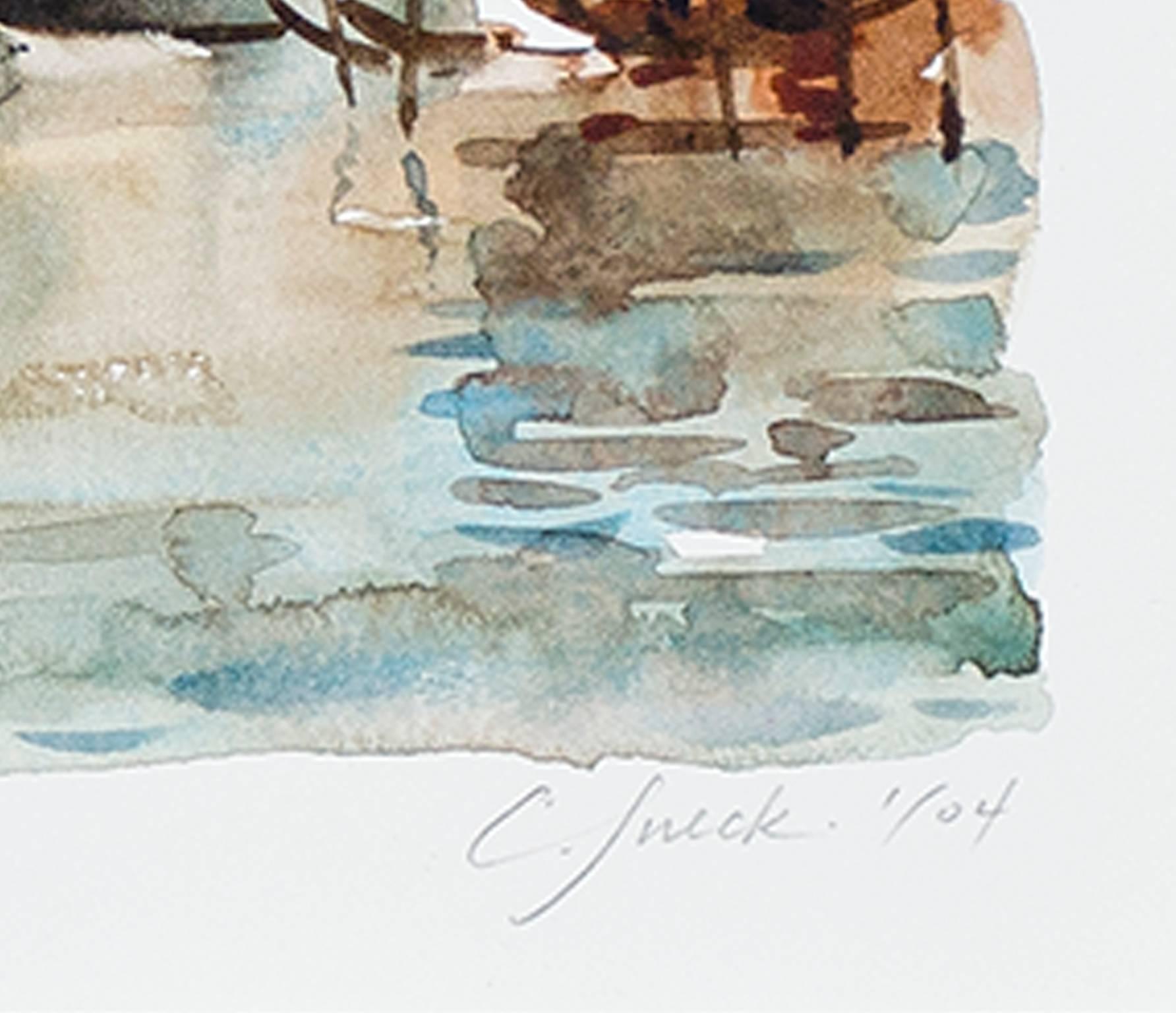 Contemporary Aquarell Landschaft Stadt Boote Kanal Wasser Himmel unterzeichnet – Art von Craig Lueck