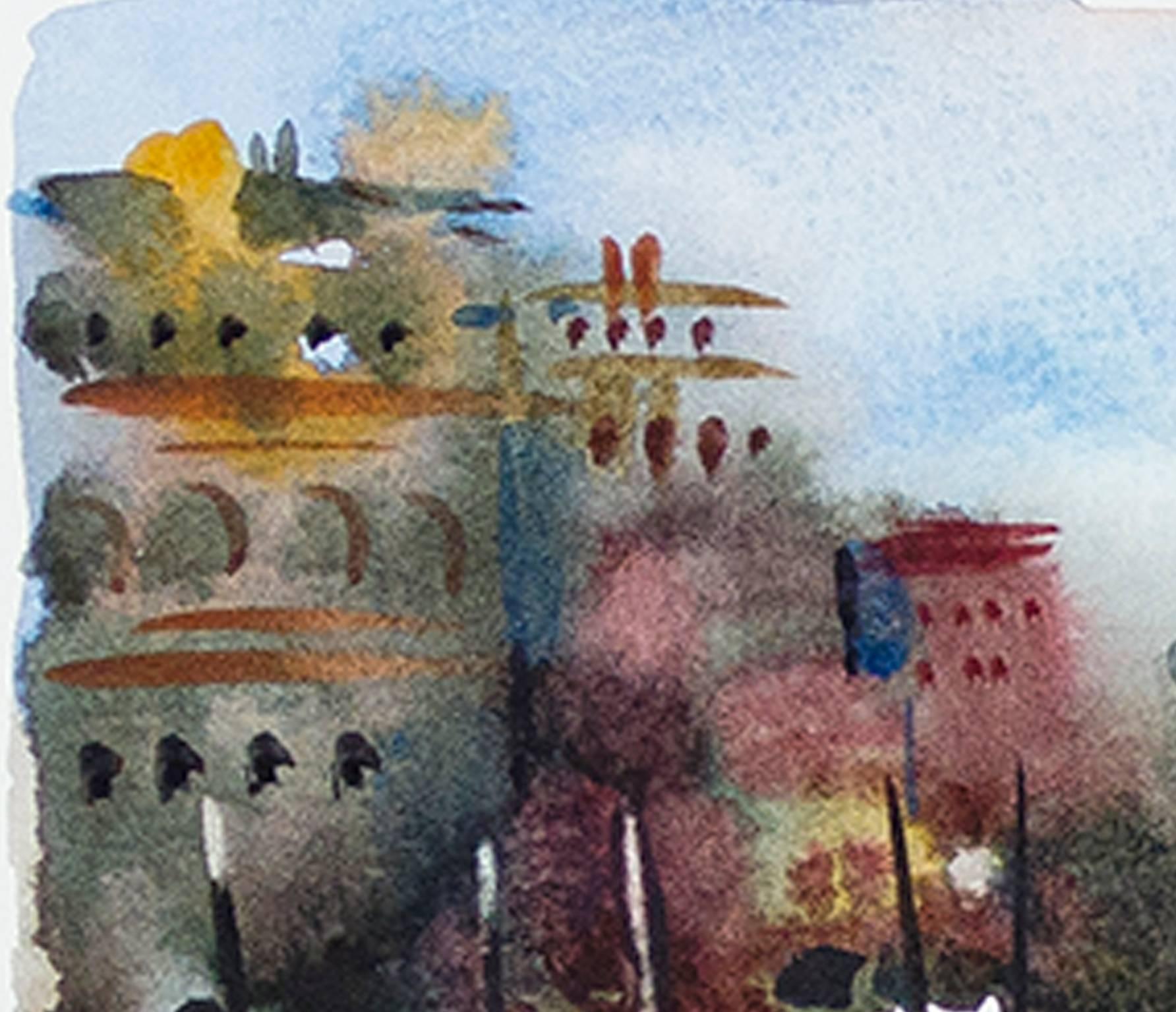 Contemporary Aquarell Landschaft Stadt Boote Kanal Wasser Himmel unterzeichnet im Angebot 1