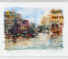 Contemporary watercolor landscape city boats canal water sky signed