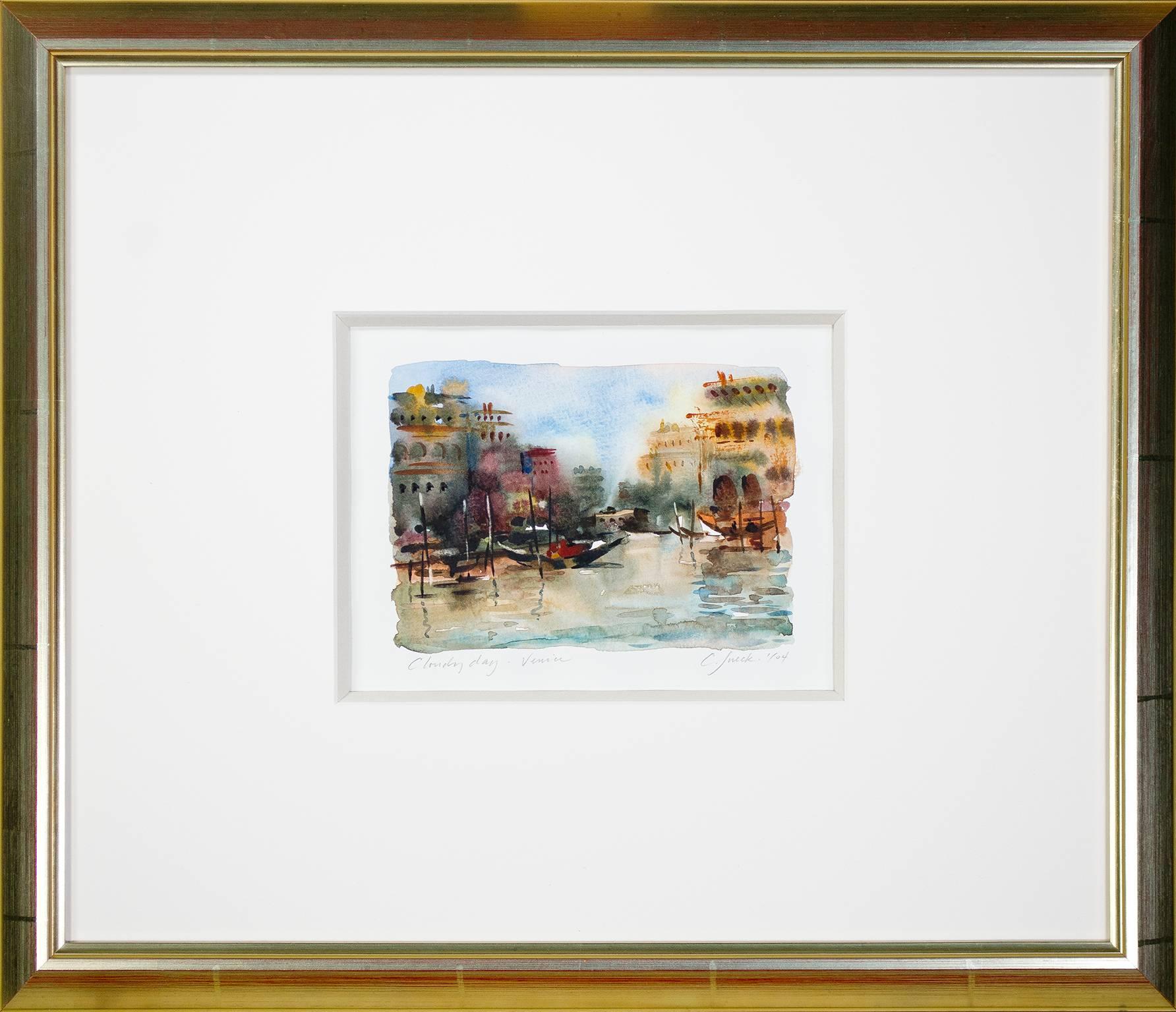 Contemporary Aquarell Landschaft Stadt Boote Kanal Wasser Himmel unterzeichnet im Angebot 2